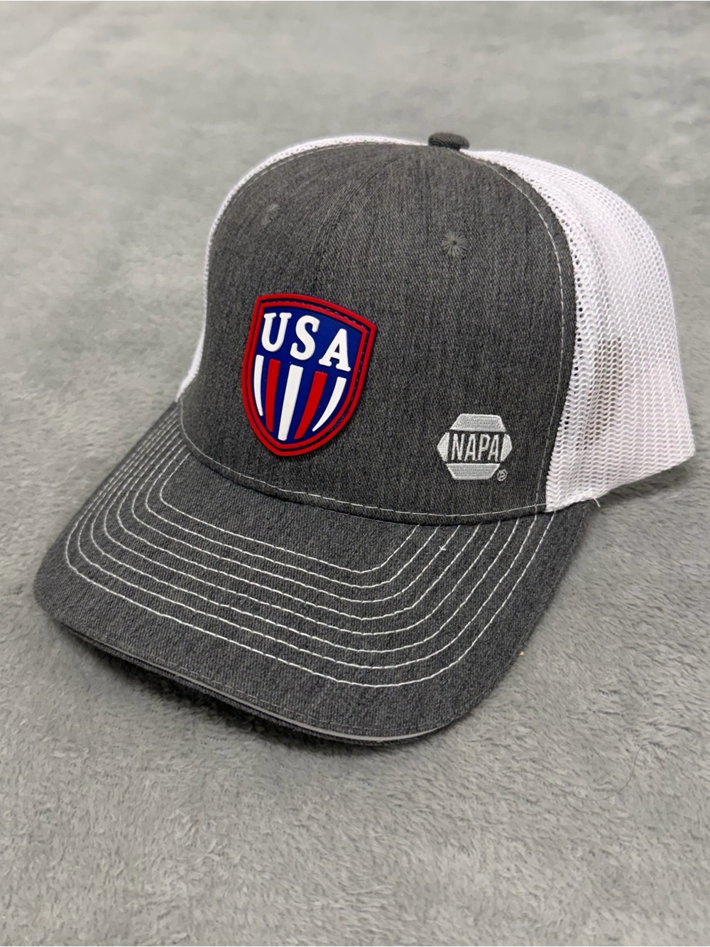 USA Logo NAPA Auto Parts Trucker Hat Snapback Gray White Mesh Cap